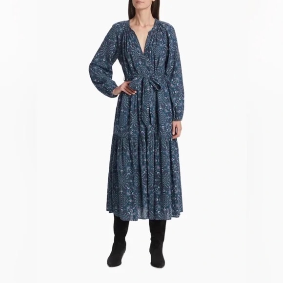 XIRENA Ambrose Belted Tiered Midi Dress Indigo Flora - Size Medium - Picture 8 of 9